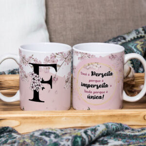 Caneca de Cerâmica Branca 325ml Alfabeto Floral Cerejeira Letra F