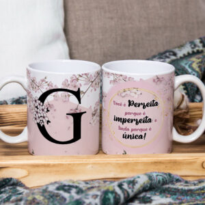 Caneca de Cerâmica Branca 325ml Alfabeto Floral Cerejeira Letra G