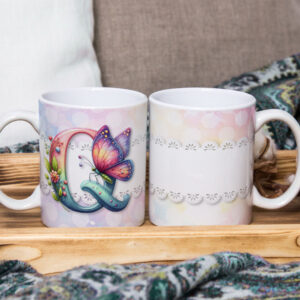 Caneca de Cerâmica 325ml Alfabeto Butterfly Borboletas Q