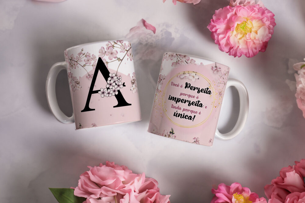 Caneca de Cerâmica Branca 325ml Alfabeto Floral Cerejeira Letra A