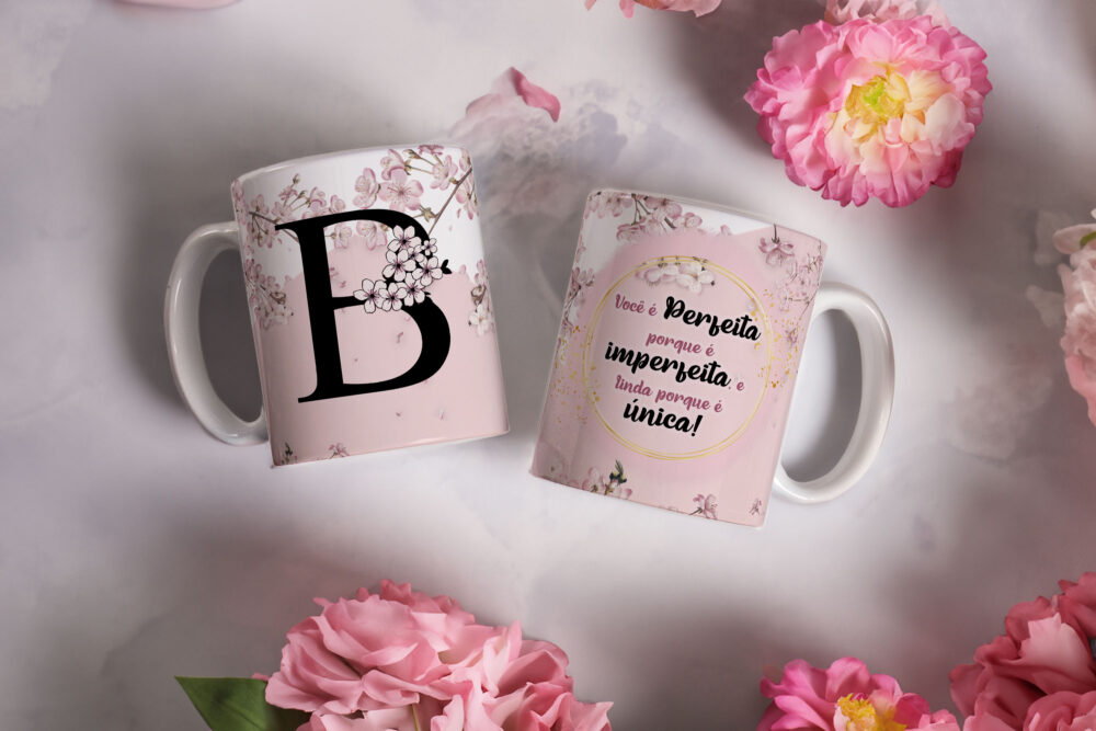 Caneca de Cerâmica Branca 325ml Alfabeto Floral Cerejeira Letra B