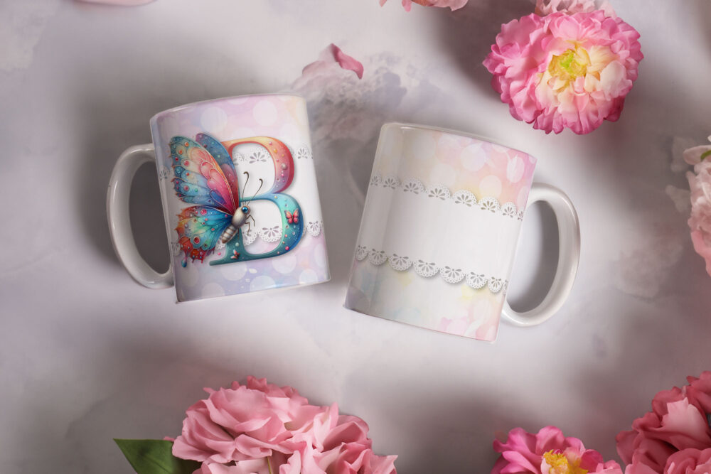 Caneca de Cerâmica 325ml Alfabeto Butterfly Borboletas B