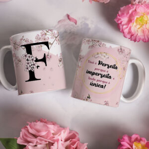 Caneca de Cerâmica Branca 325ml Alfabeto Floral Cerejeira Letra F