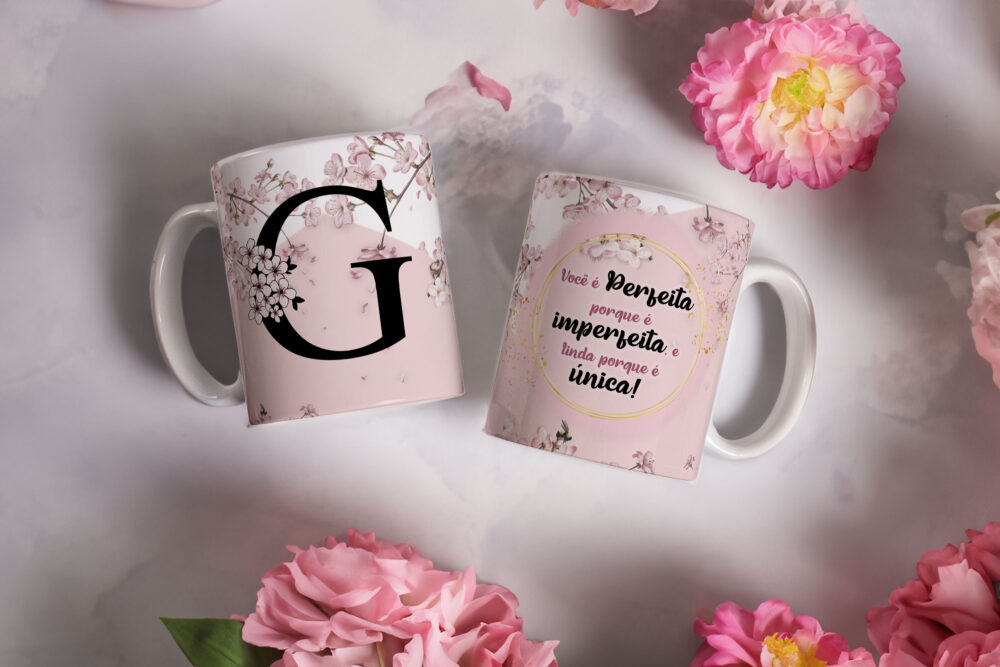Caneca de Cerâmica Branca 325ml Alfabeto Floral Cerejeira Letra G