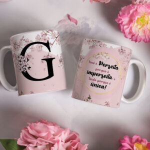 Caneca de Cerâmica Branca 325ml Alfabeto Floral Cerejeira Letra G