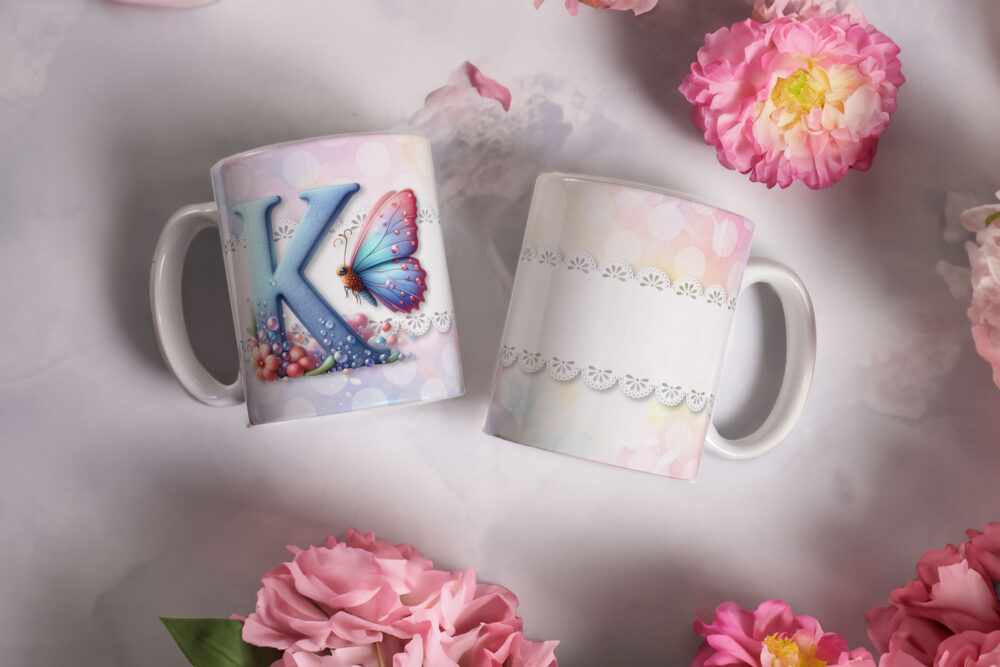 Caneca de Cerâmica 325ml Alfabeto Butterfly Borboletas K