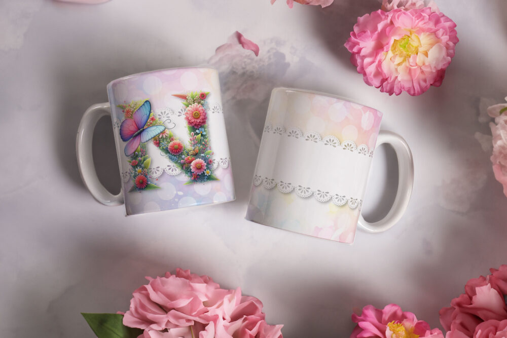 Caneca de Cerâmica 325ml Alfabeto Butterfly Borboletas N