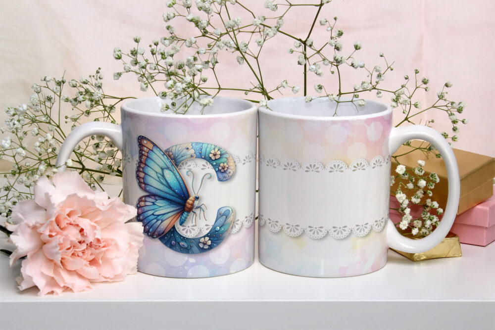 Caneca de Cerâmica 325ml Alfabeto Butterfly Borboletas C
