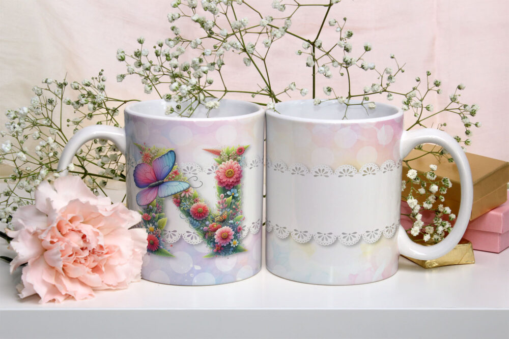 Caneca de Cerâmica 325ml Alfabeto Butterfly Borboletas N