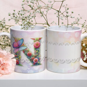 Caneca de Cerâmica 325ml Alfabeto Butterfly Borboletas N