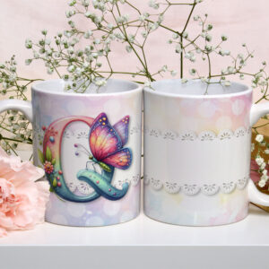 Caneca de Cerâmica 325ml Alfabeto Butterfly Borboletas Q