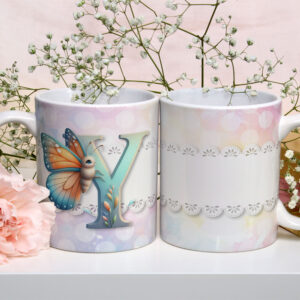 Caneca de Cerâmica 325ml Alfabeto Butterfly Borboletas Y