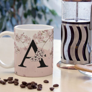 Caneca de Cerâmica Branca 325ml Alfabeto Floral Cerejeira Letra A