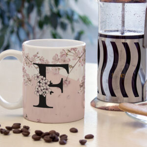 Caneca de Cerâmica Branca 325ml Alfabeto Floral Cerejeira Letra F