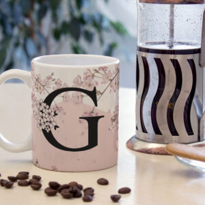 Caneca de Cerâmica Branca 325ml Alfabeto Floral Cerejeira Letra G