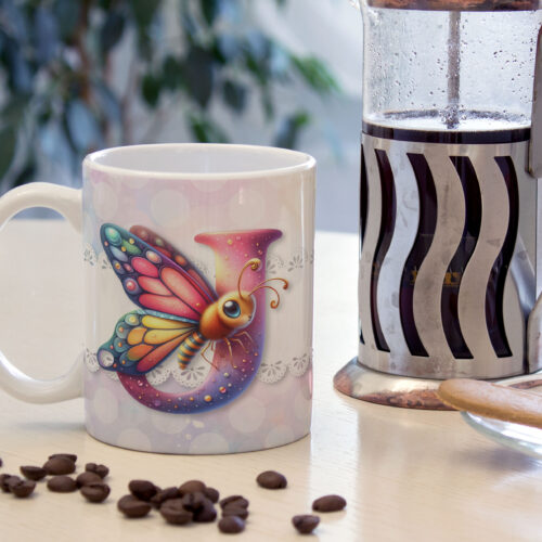 Caneca de Cerâmica 325ml Alfabeto Butterfly Borboletas J