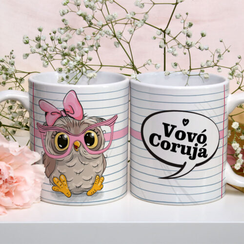 Caneca Cerâmica Branca Vovó Coruja 325ml