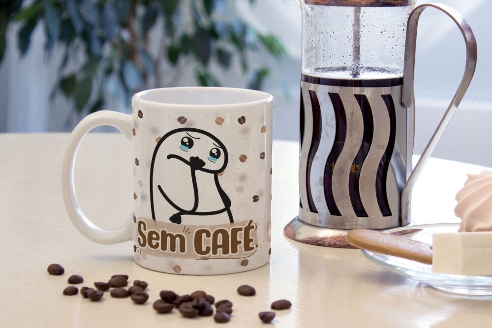 Caneca Cerâmica Branca Flork Com Café e Sem Café 325ml