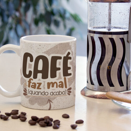 Caneca Cerâmica Branca Café Faz Mal Quando Acaba 325ml
