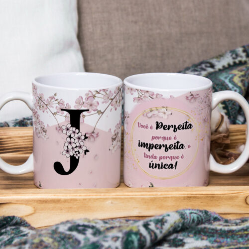 Caneca de Cerâmica Branca 325ml Alfabeto Floral Cerejeira Letra J