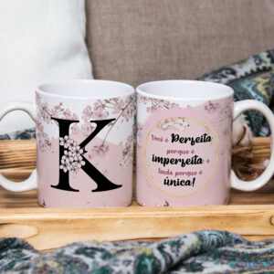 Caneca de Cerâmica Branca 325ml Alfabeto Floral Cerejeira Letra K