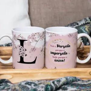 Caneca de Cerâmica Branca 325ml Alfabeto Floral Cerejeira Letra L