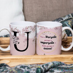 Caneca de Cerâmica Branca 325ml Alfabeto Floral Cerejeira Letra U