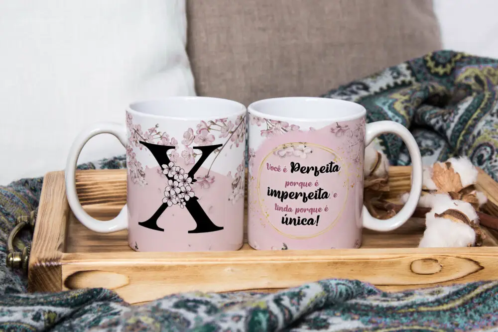 Caneca de Cerâmica Branca 325ml Alfabeto Floral Cerejeira Letra X