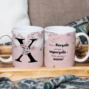 Caneca de Cerâmica Branca 325ml Alfabeto Floral Cerejeira Letra X