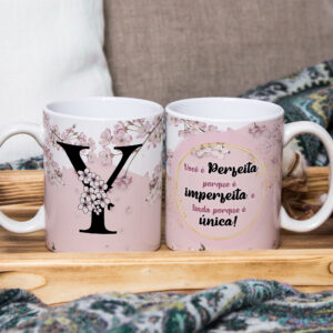 Caneca de Cerâmica Branca 325ml Alfabeto Floral Cerejeira Letra Y