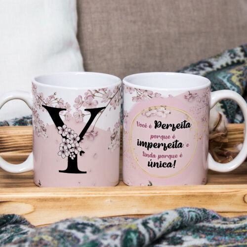 Caneca de Cerâmica Branca 325ml Alfabeto Floral Cerejeira Letra Y