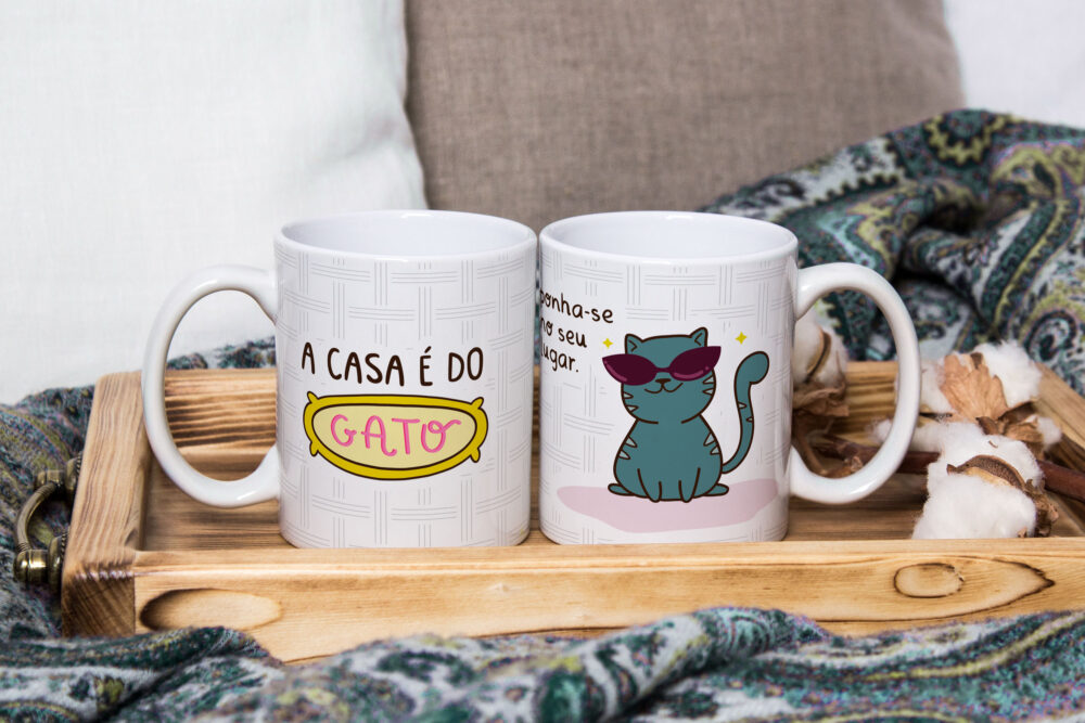 Caneca de Cerâmica Branca 325ml  Frases Engraçadas de Gatos 01
