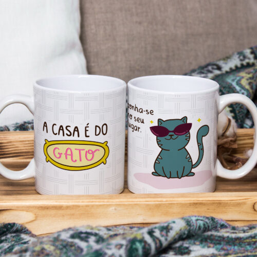 Caneca de Cerâmica Branca 325ml  Frases Engraçadas de Gatos 01