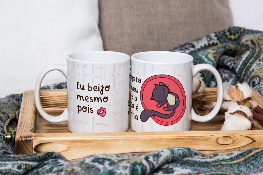 Caneca de Cerâmica Branca 325ml  Frases Engraçadas de Gatos 02