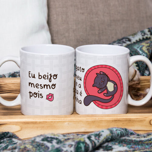 Caneca de Cerâmica Branca 325ml  Frases Engraçadas de Gatos 02