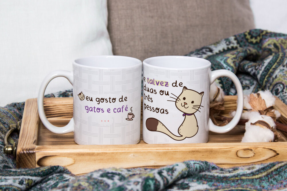 Caneca de Cerâmica Branca 325ml  Frases Engraçadas de Gatos 04